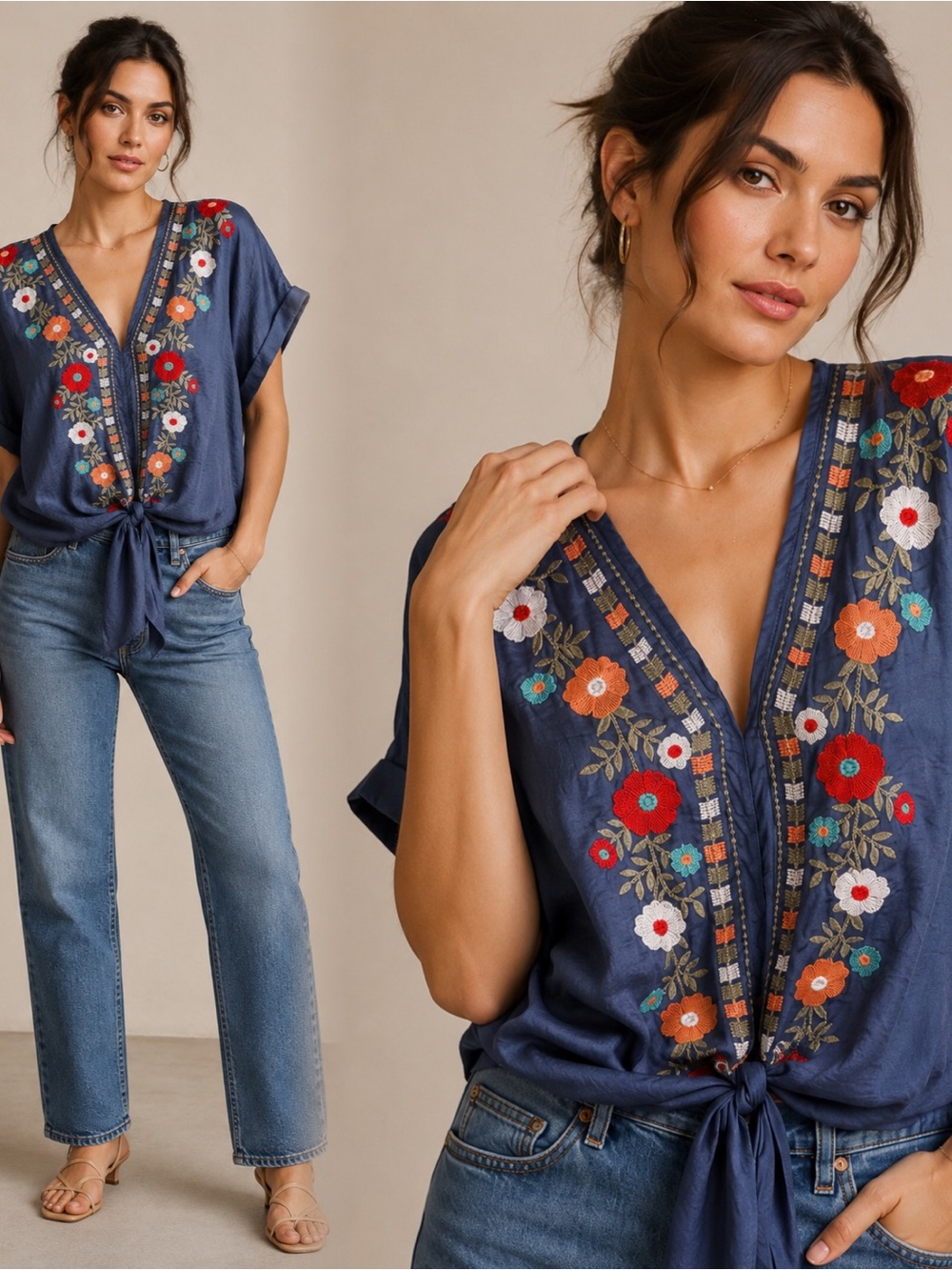 Embroidered Tie-Front V-Neck Top - Navy